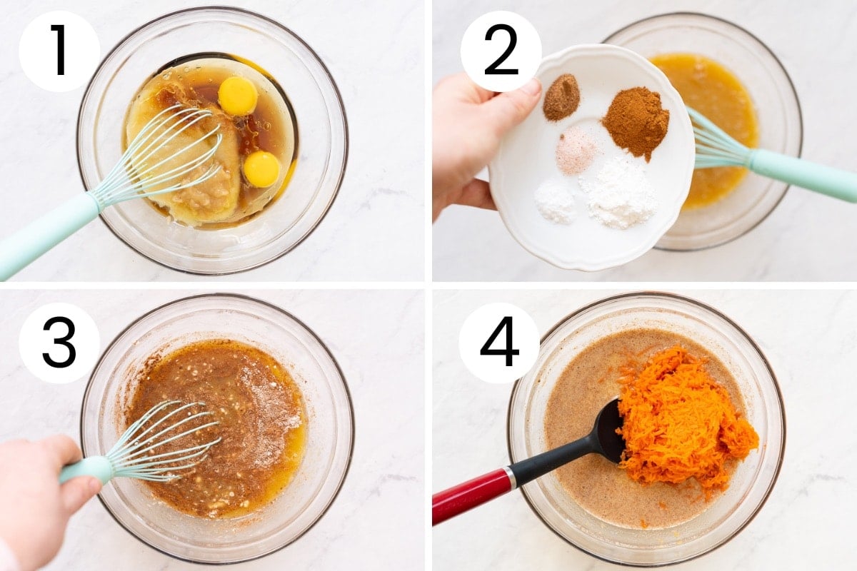 Person showing step by step how to mix dry and wet ingredients for carrot muffins.