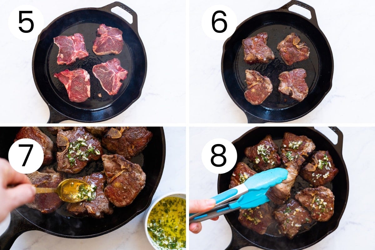 Person showing step by step how to sear lamb loin chops and cook them with the sauce.
