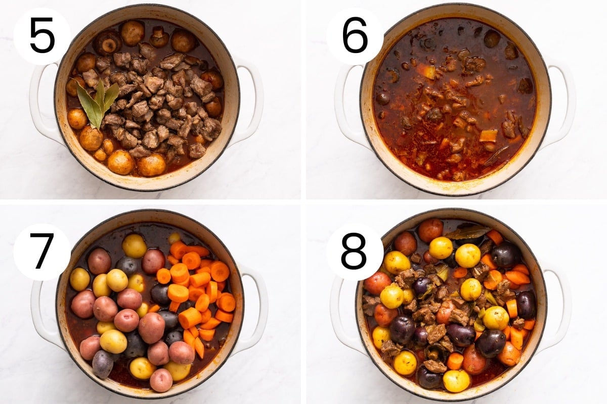 Step by step process how to cook lamb with vegetables and broth to make lamb stew.