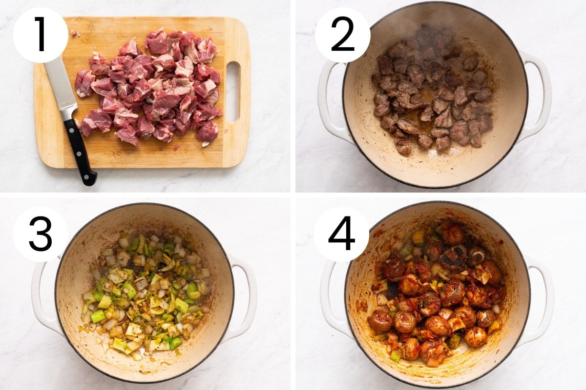 Step-by-step process how to cut lamb for the stew, then brown it in a pot and saute the vegetables.