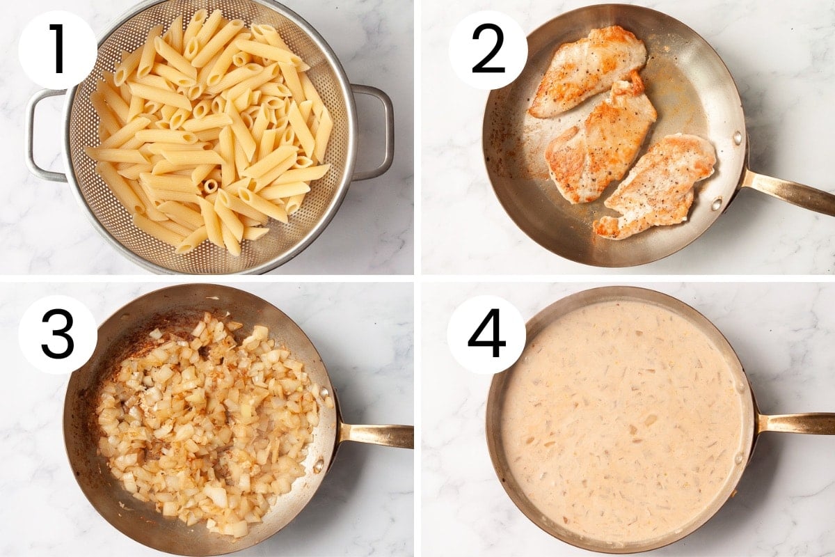 How to cook pasta, sear chicken and make sauce for lemon chicken pasta.