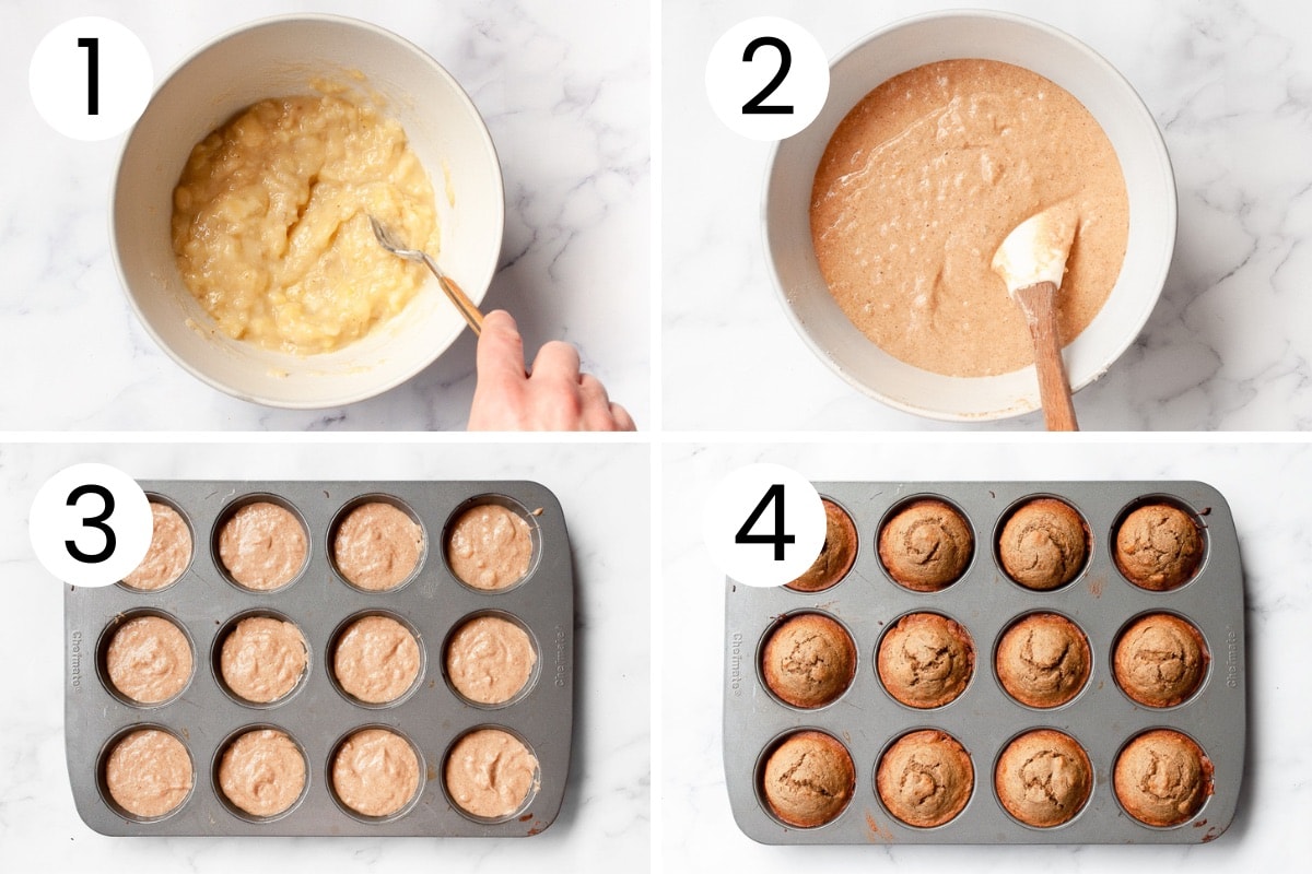 Person showing how to make oat flour banana muffins batter and bake them step by step.
