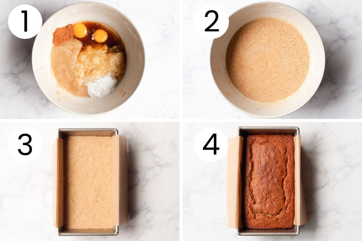 Step by step process how to make protein banana bread from scratch.