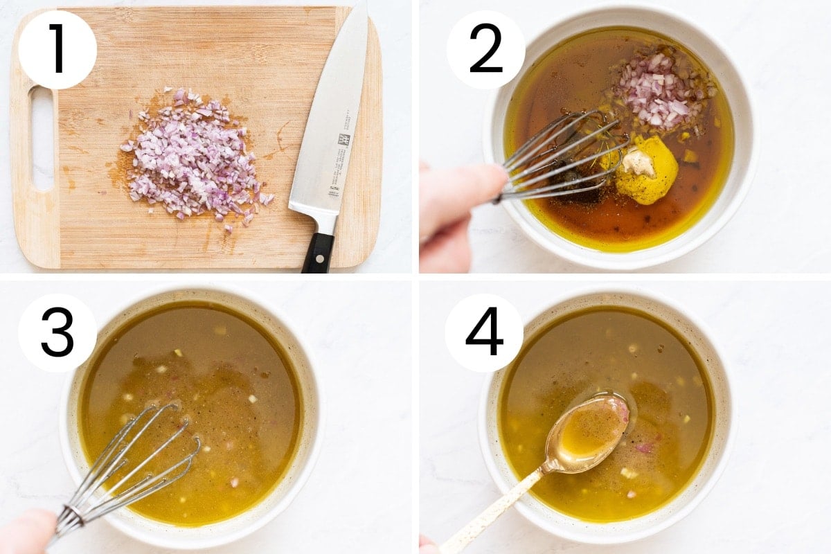 Step-by-step process how to mince red onion and make spinach salad dressing with it.