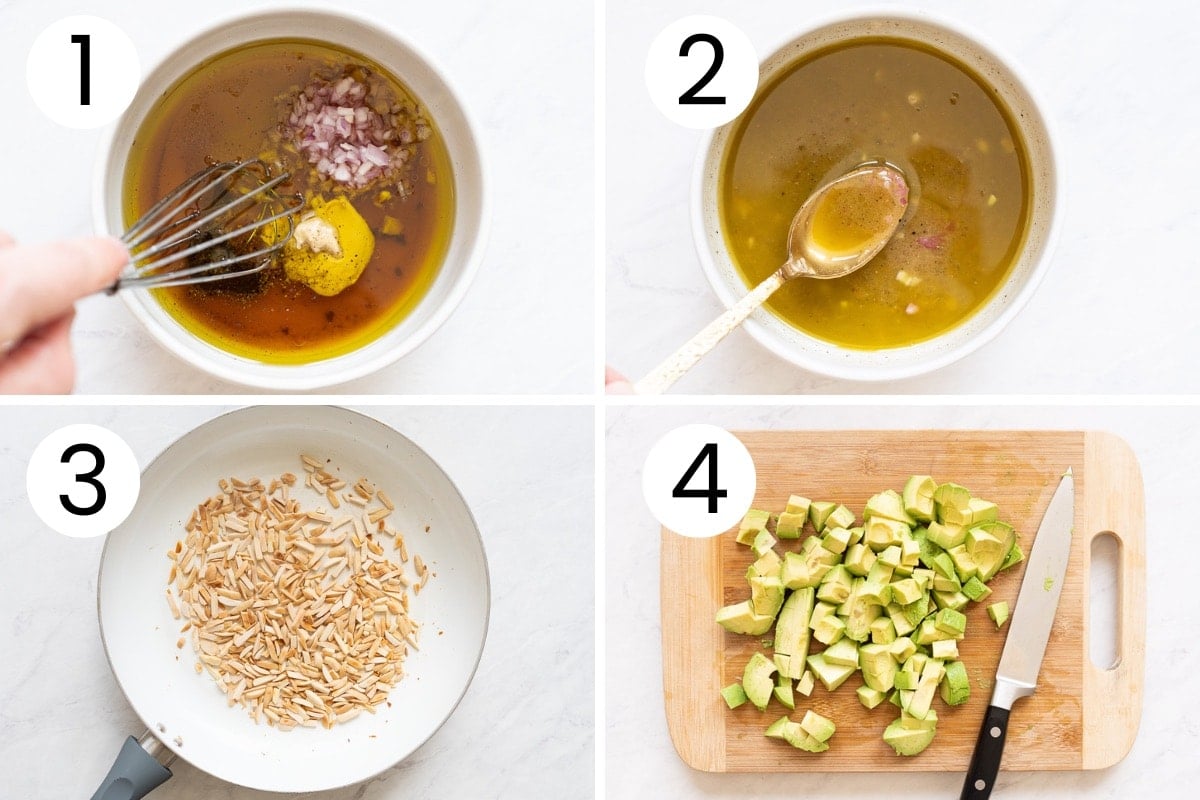 Step by step process how to make spinach salad dressing, toast almonds and dice avocado.