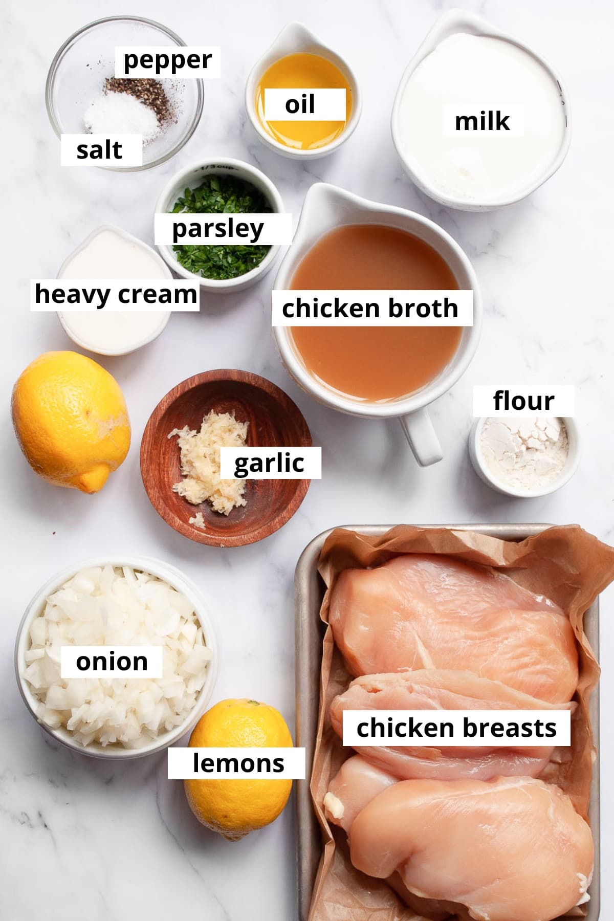 Chicken breasts, lemons, onion, garlic, flour, chicken broth, heavy cream, milk, parsley, oil, salt and pepper.