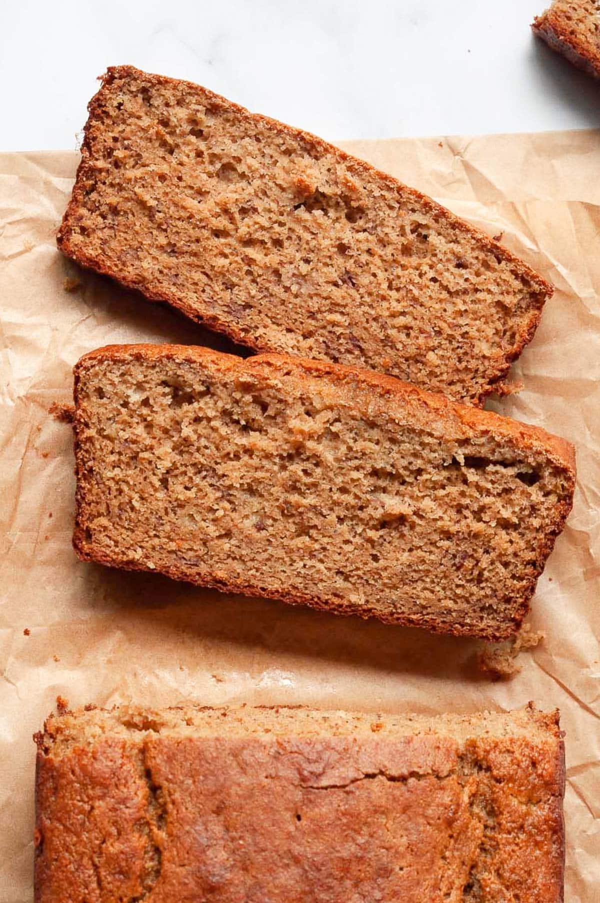 Closeup of protein banana bread slices.