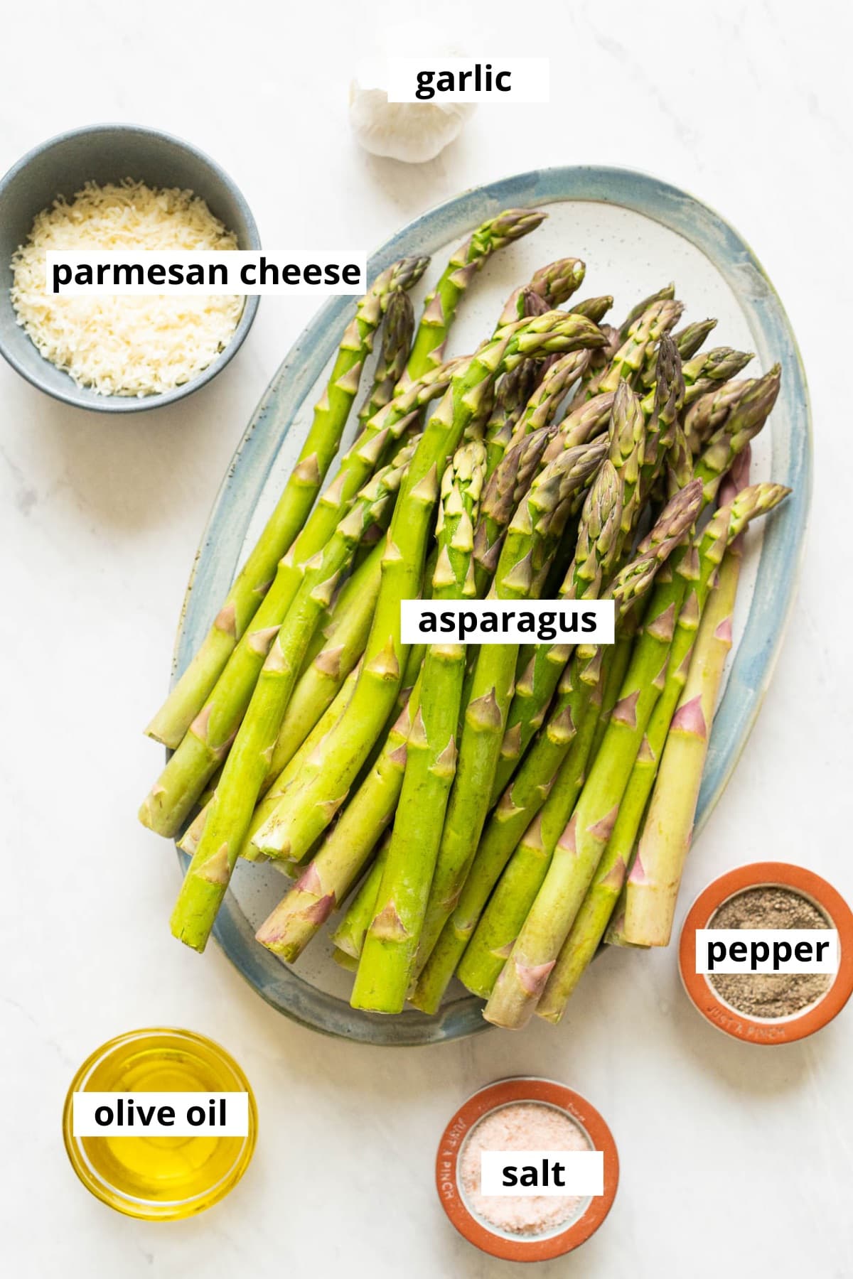 Asparagus, parmesan cheese, garlic, olive oil, salt and pepper.