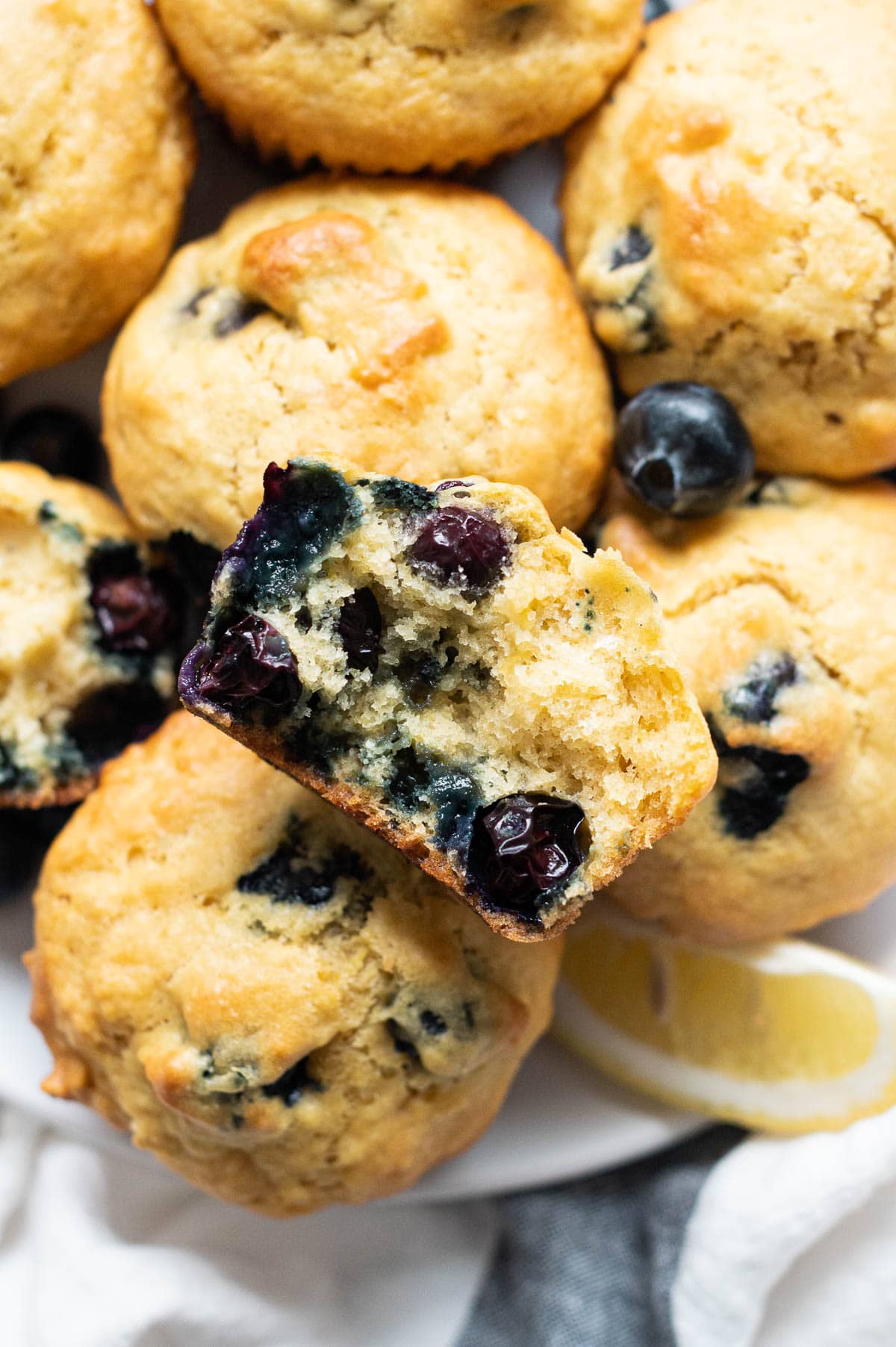Close up of lemon blueberry muffin recipe showing texture.