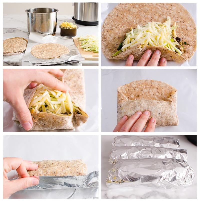 Person showing step by step process how to wrap chicken burritos.