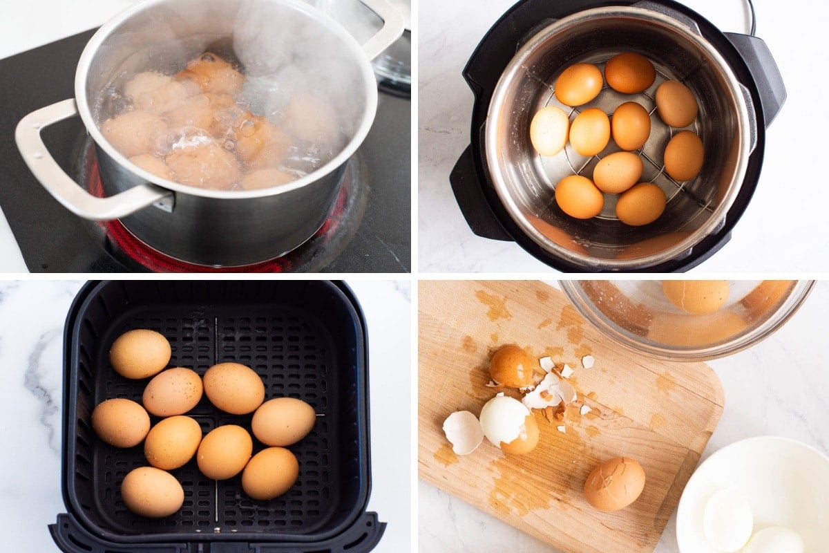 Hard boiled eggs on the stove, in instant pot, in air fryer and how to peel them process afterwards.