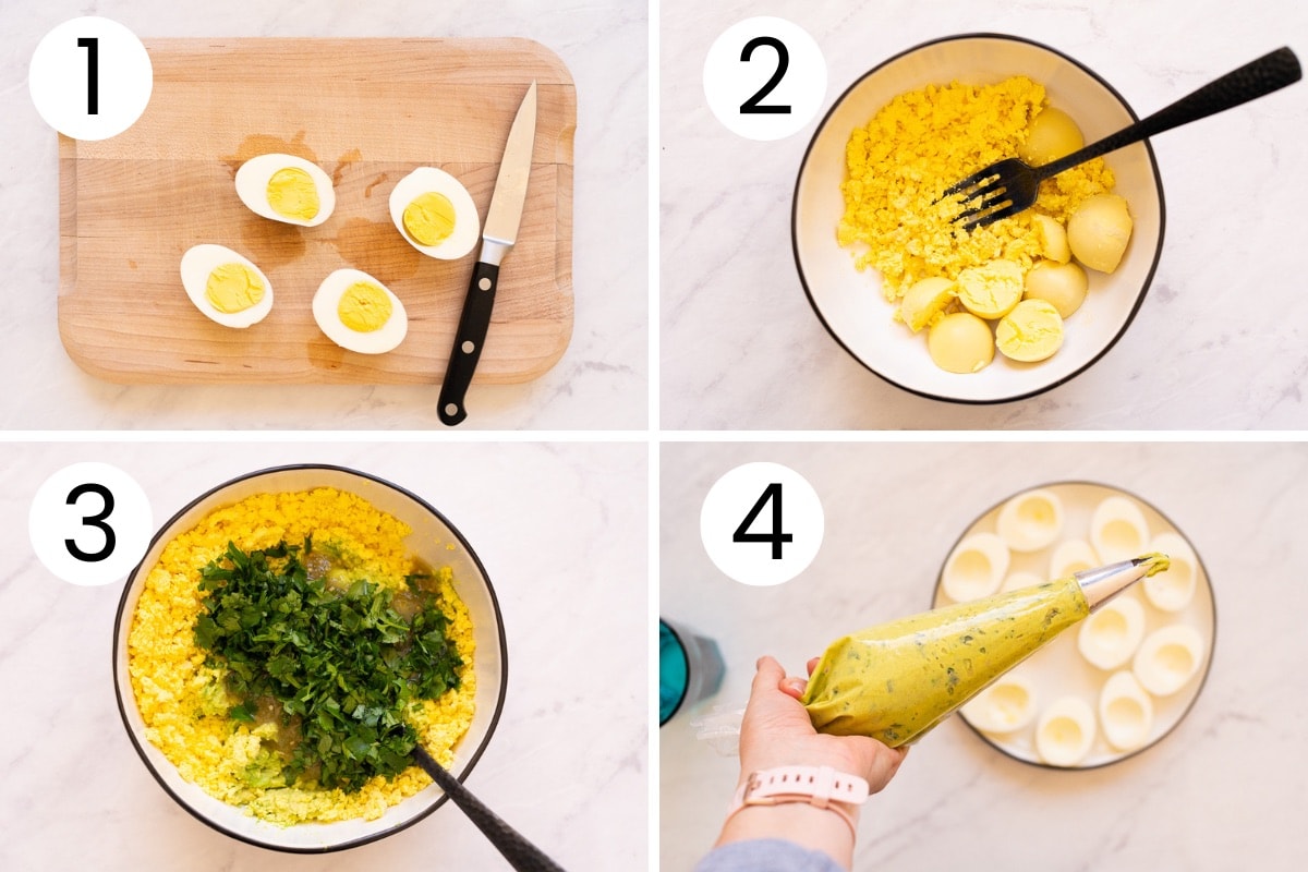 Person showing how to cut eggs, make avocado deviled eggs filling and pipe it into egg whites.