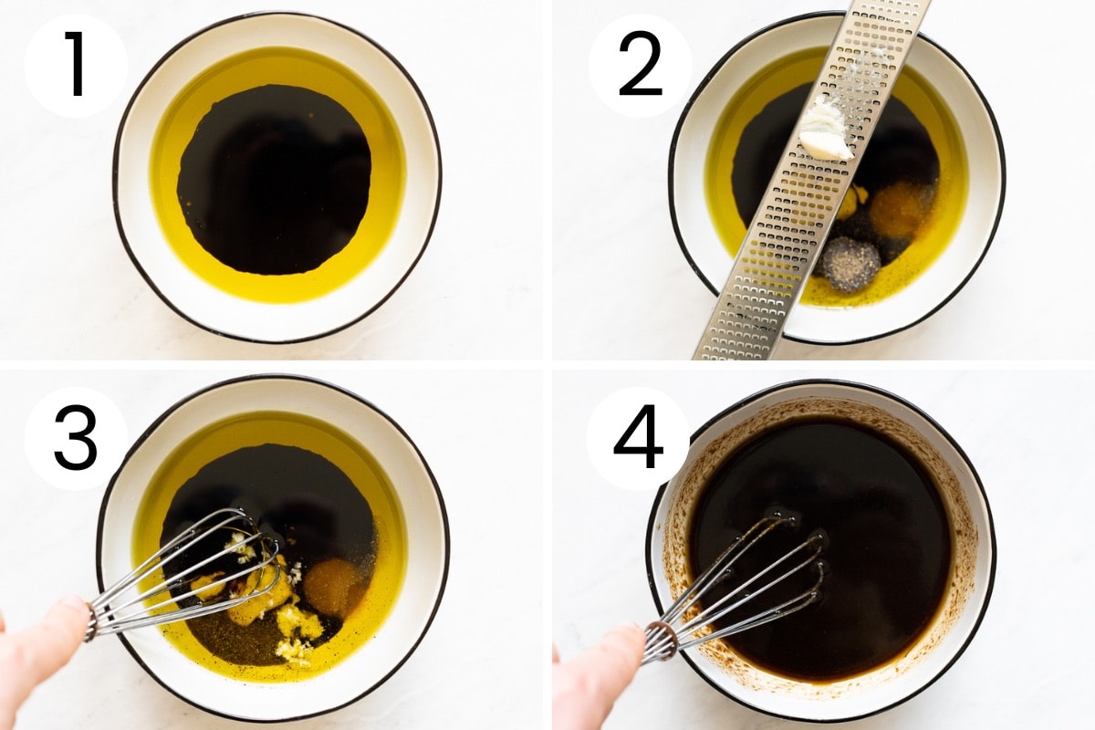 Step by step process how to make balsamic dressing recipe in a bowl.