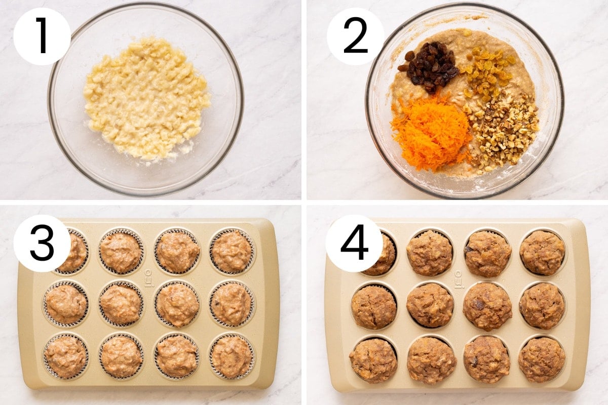 Step by step process how to make banana carrot muffins batter and bake the muffins.