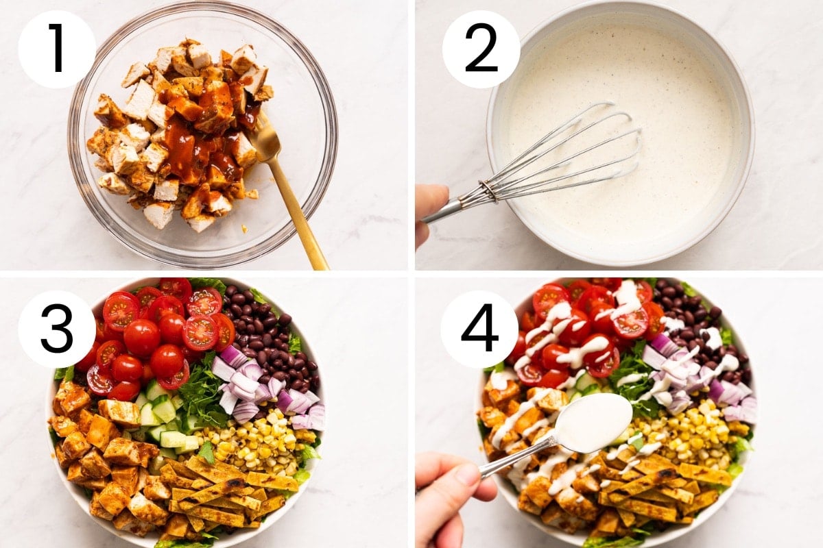 Step by step process how to make barbecue chicken, ranch dressing and assemble the salad.