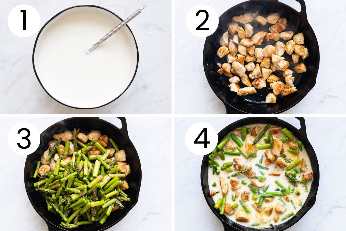 Step by step process how to make creamy sauce for chicken and asparagus and cook it.