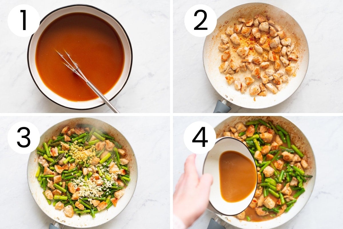 Step-by-step process how to make chicken and asparagus stir fry.