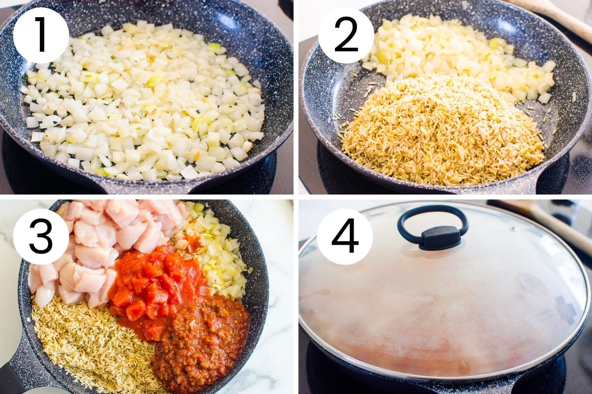 Step by step process how to saute veggies and cook rice for Mexican chicken and rice.