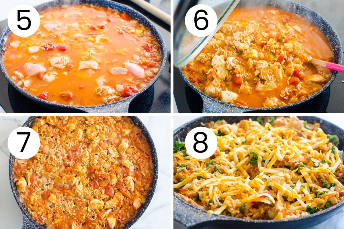 Step-by-step process how to finish cooking Mexican chicken and rice and garnish it with cheese.