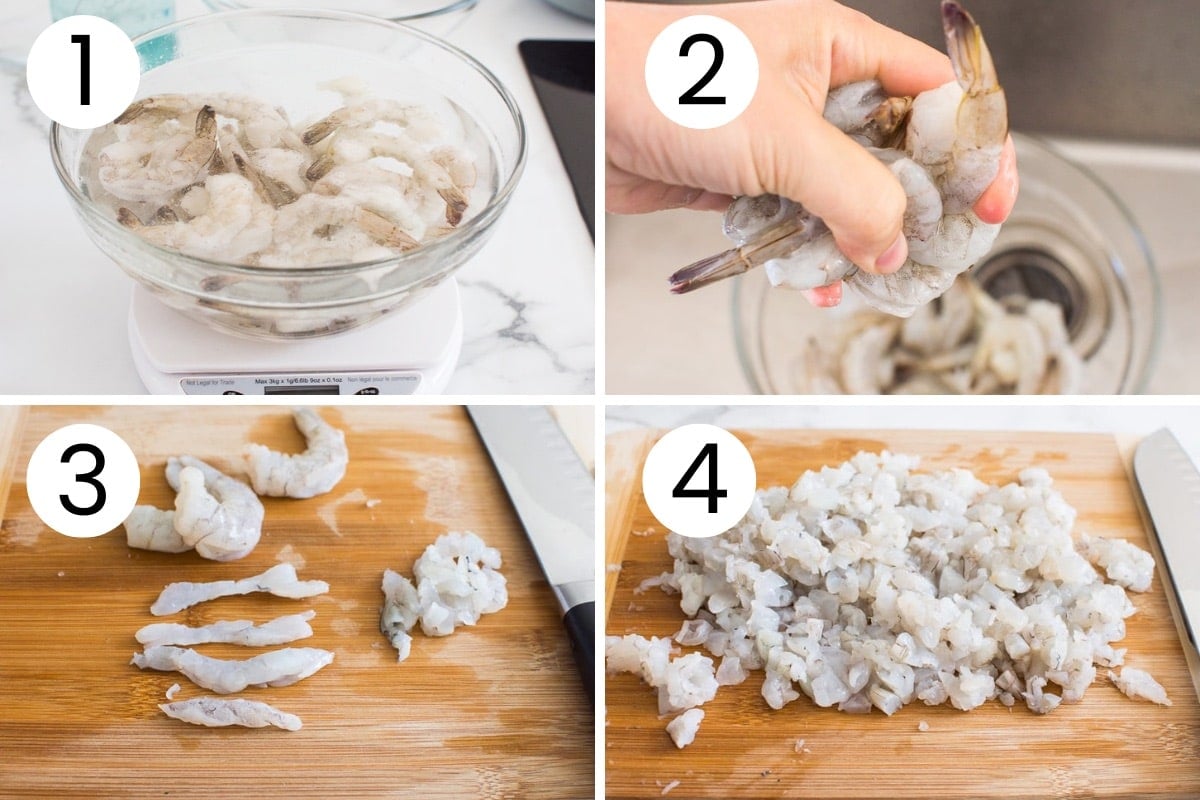 Step by step process how to prep and chop raw shrimp for ceviche.