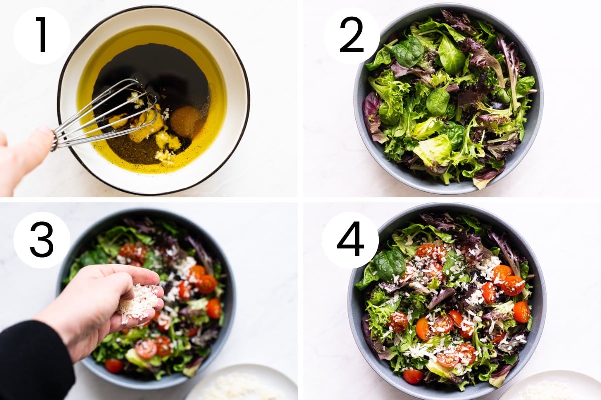 Person showing step by step how to make balsamic salad dressing and spring mix salad with it.