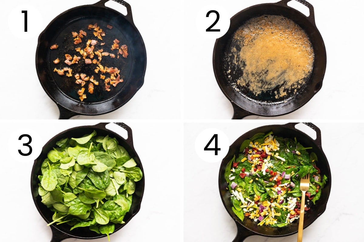 Step by step process how to make wilted spinach salad in a skillet.