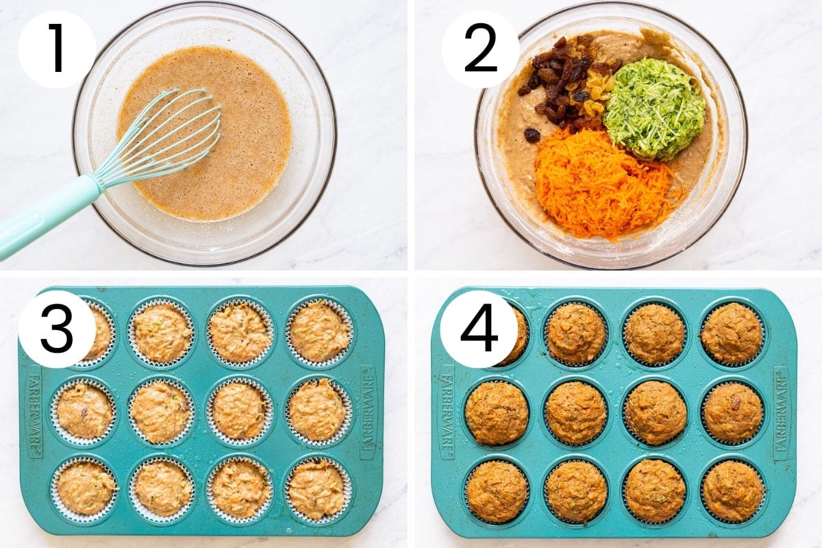 Step by step process how to make zucchini carrot muffins batter and bake muffins in a muffin.