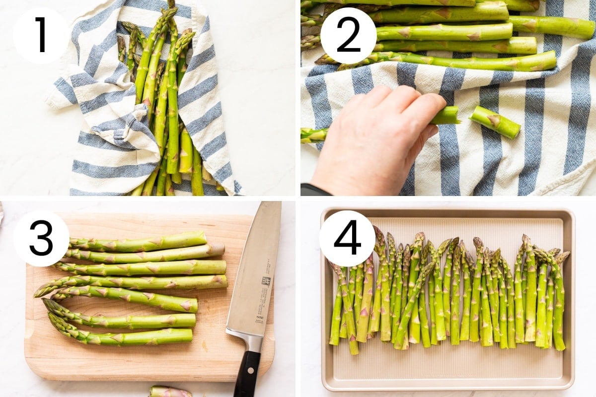 Person showing step by step how to wash and trim asparagus for roasting.