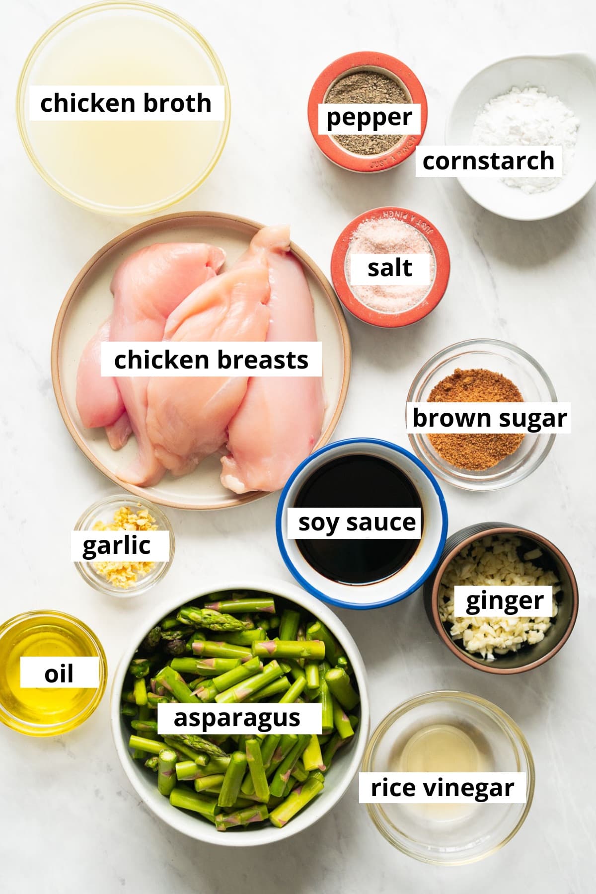 Chicken broth, chicken breasts, cornstarch, brown sugar, salt, pepper, soy sauce, ginger, garlic, oil, asparagus, rice vinegar.