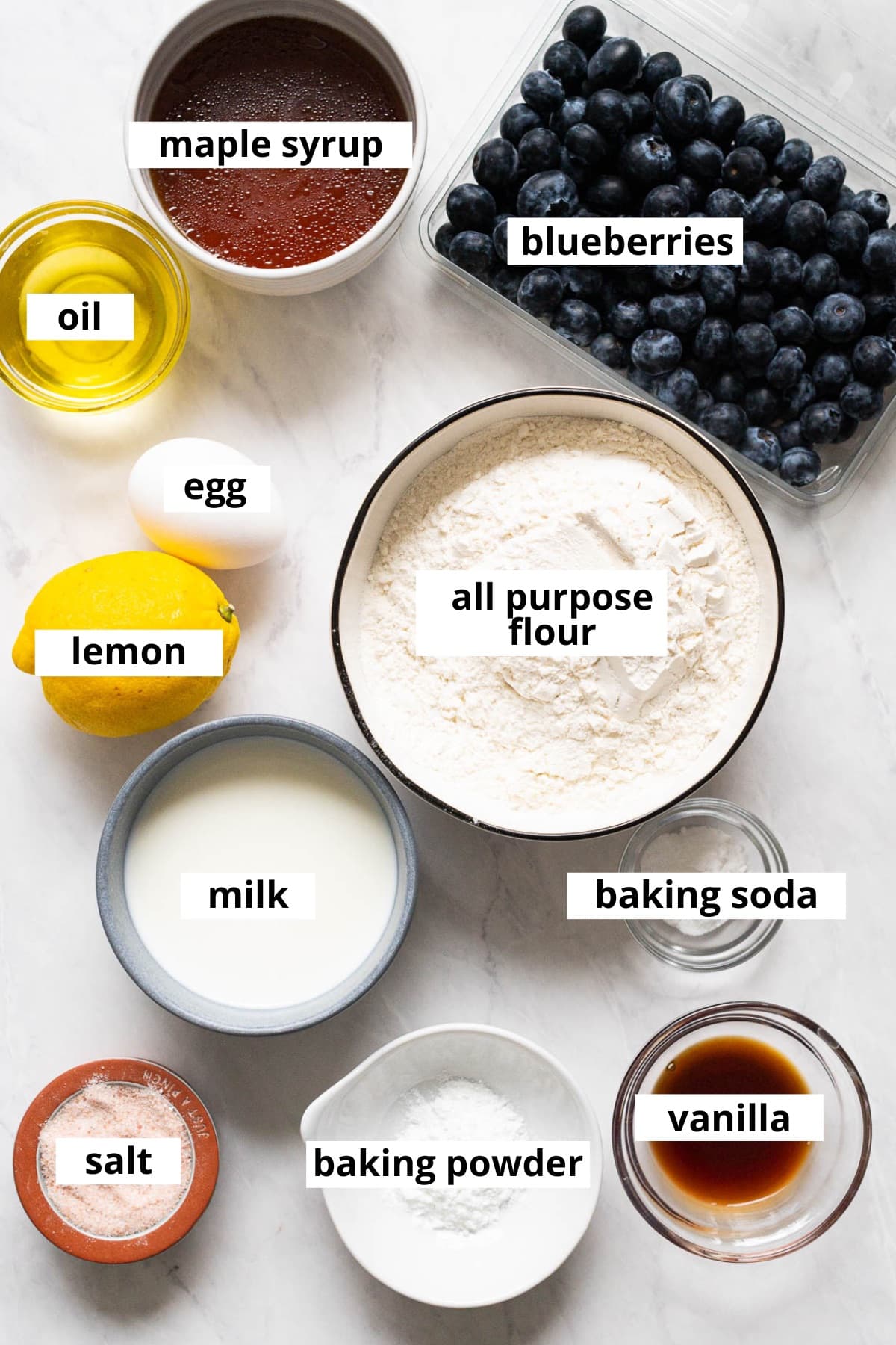 Blueberries, maple syrup, oil, egg, lemon, all purpose flour, milk, baking soda, vanilla, baking powder, salt.