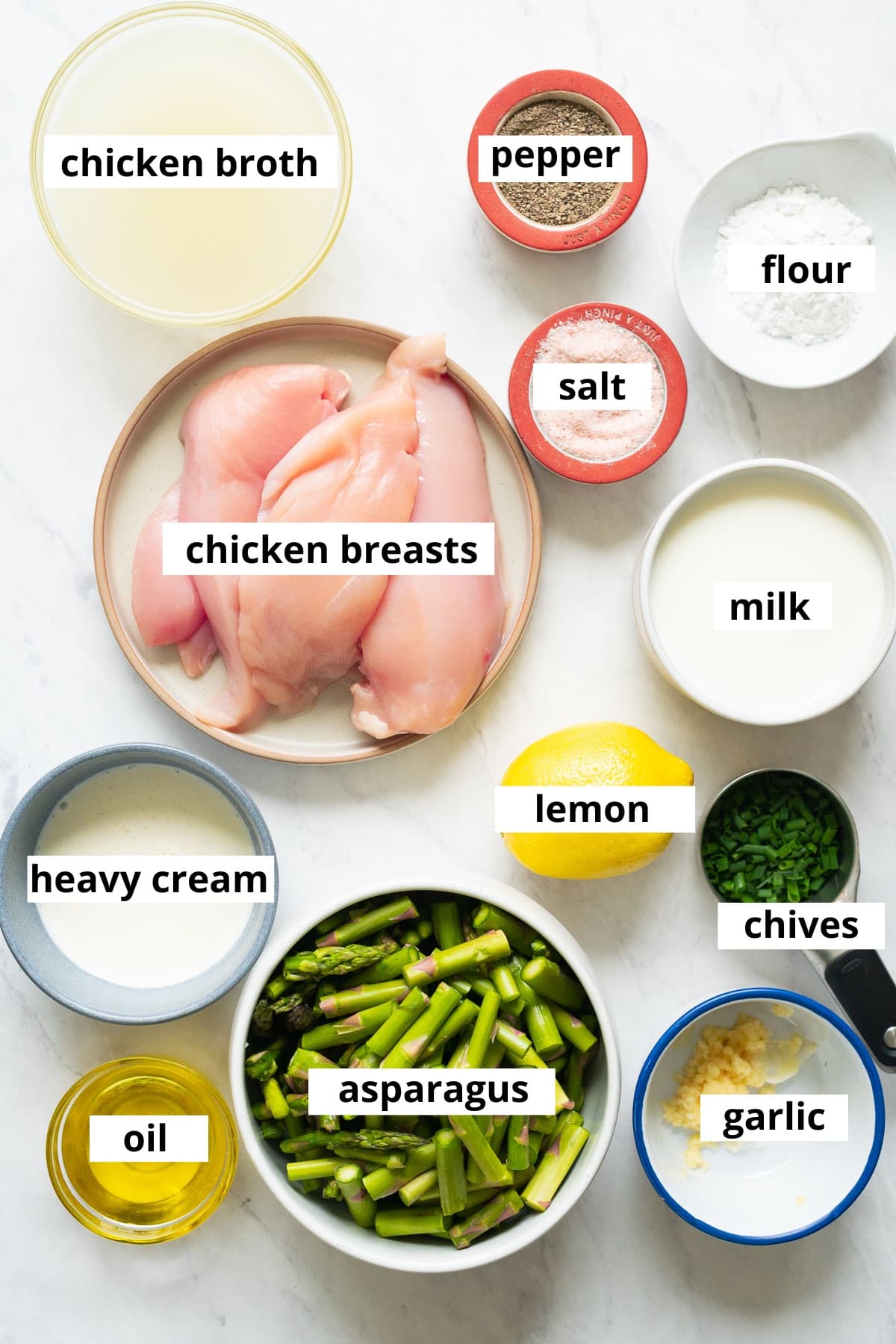 Chicken breasts, chicken broth, milk, flour, salt, pepper, lemon, heavy cream, asparagus, chives, garlic and oil.