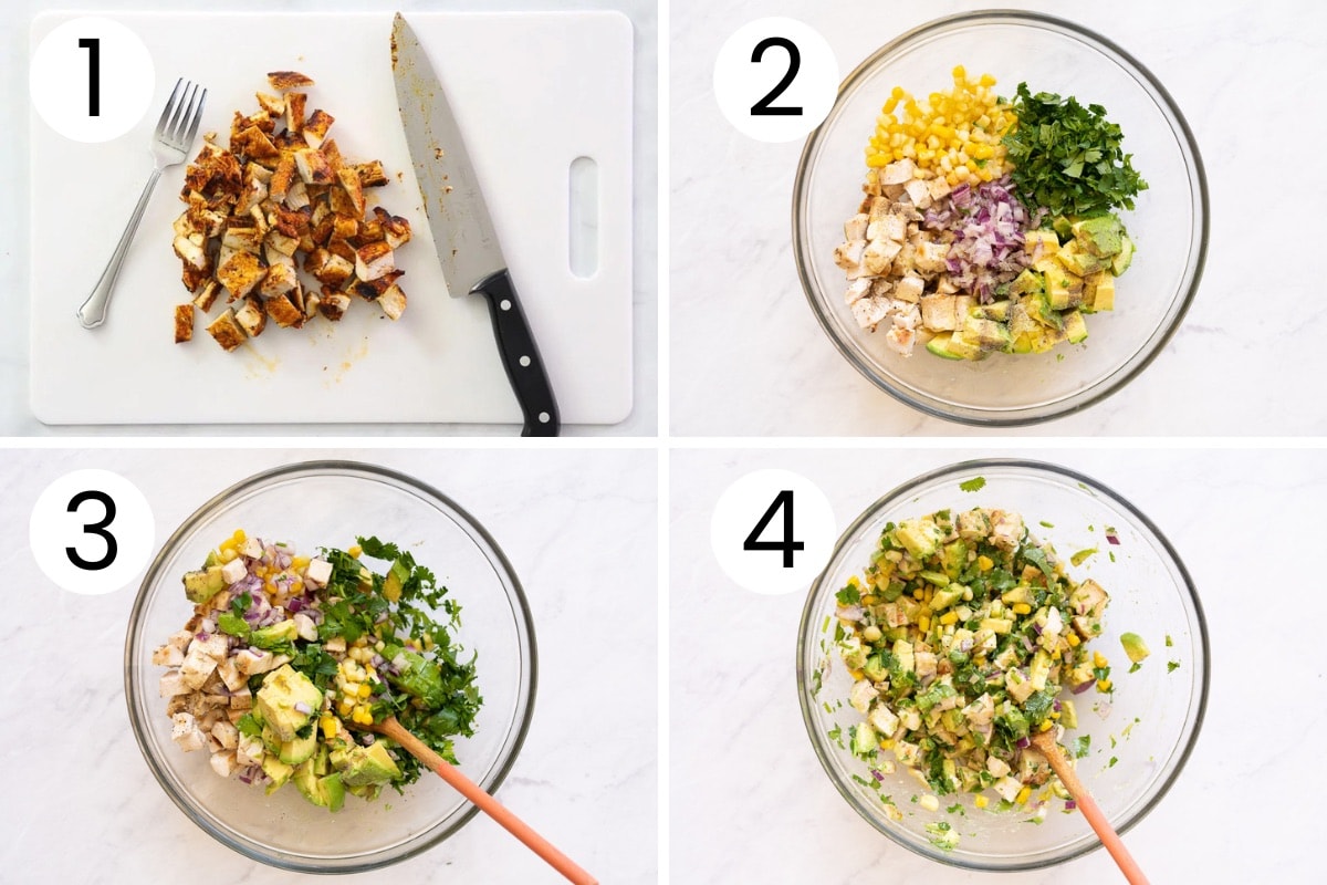 How to chop chicken breast and make avocado chicken salad step by step process.
