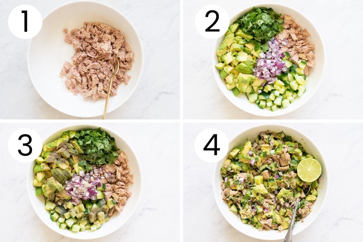 Step by step process how to make tuna salad with avocado.