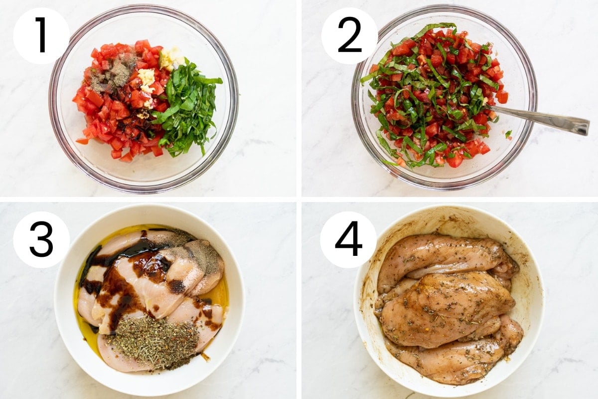 Step-by-step process how to make bruschetta and marinate chicken breasts.