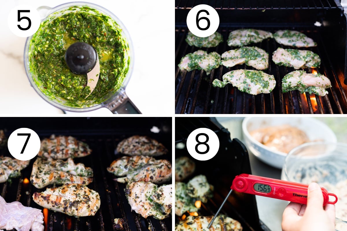 Step by step process how to grill chicken chimichurri until it is ready when checked with meat thermometer.