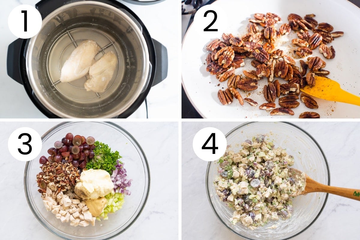 Step by step process how to cook chicken and pecans and make chicken salad recipe with them.