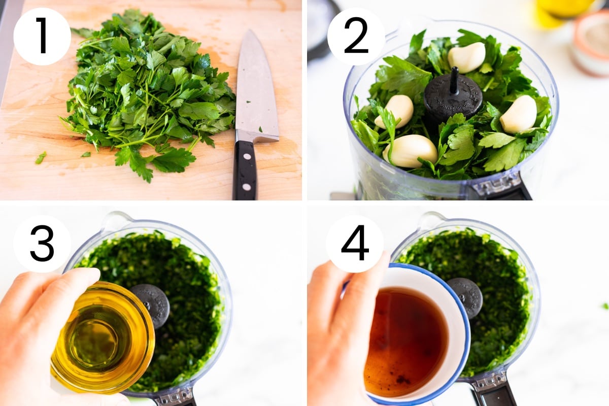 Step by step process how to make chimichurri sauce in a food processor.
