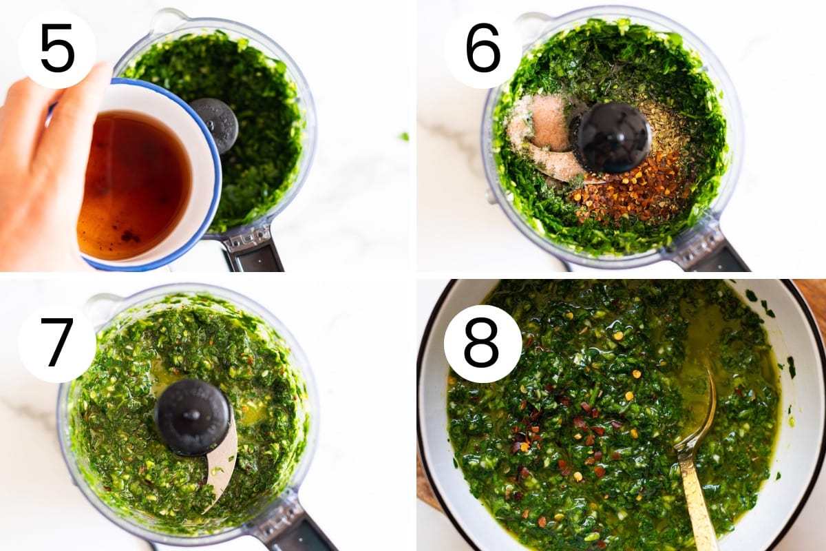 Person showing how to finish making chimichurri sauce in a food processor.