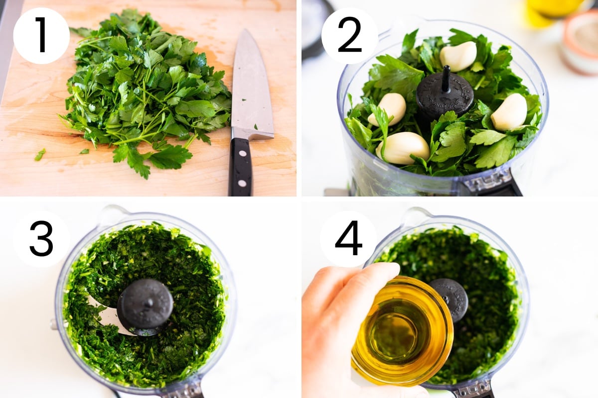 Person showing how to chop parsley when a cutting board and then mince it in a food processor with garlic. Adding olive oil to chimichurri.