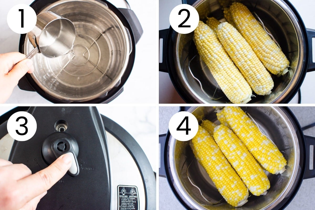 Person showing step by step how to cook corn on the cob in Instant Pot.