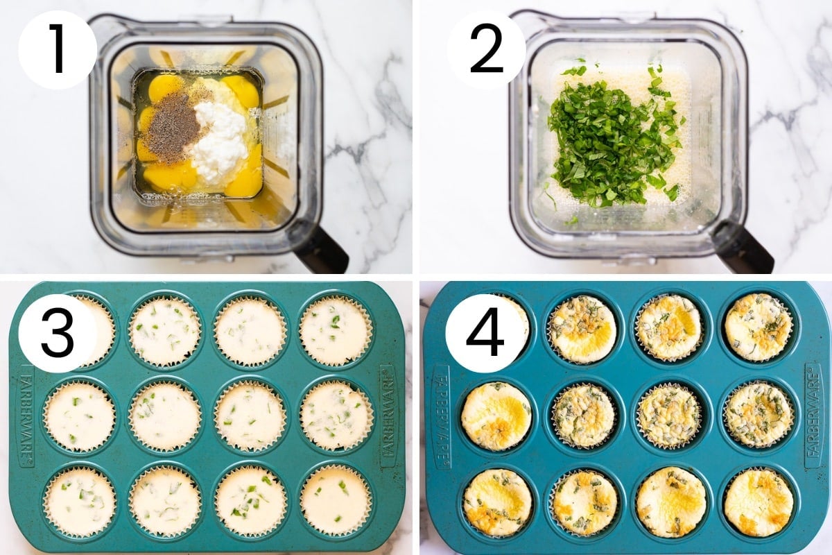 Step by step process how to make cottage cheese egg bites in a blender and then bake in a muffin pan.