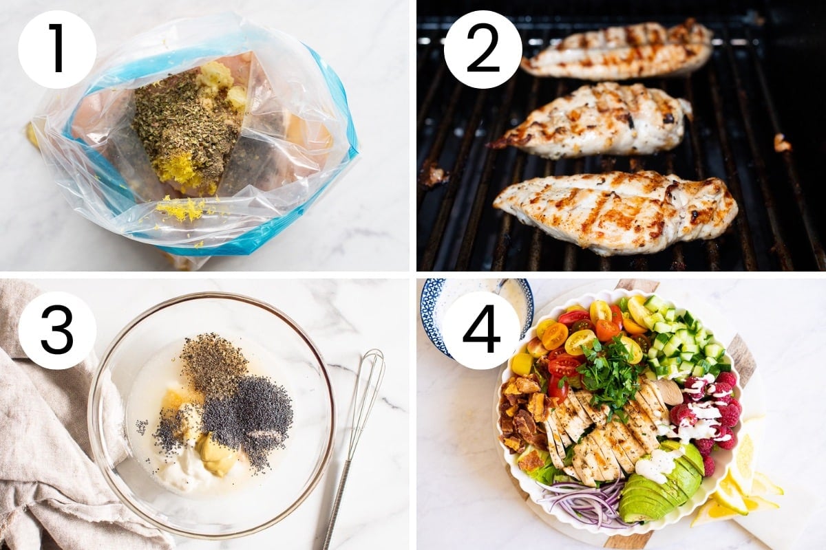 Step by step process how to grill chicken breast, prepare salad dressing and assemble the grilled chicken salad.