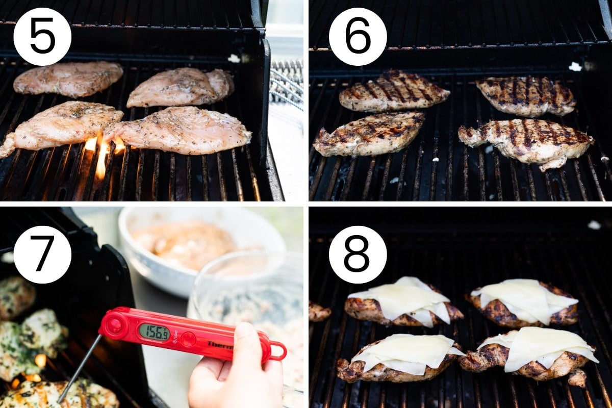 Step by step process how to grill bruschetta chicken and top it with cheese.