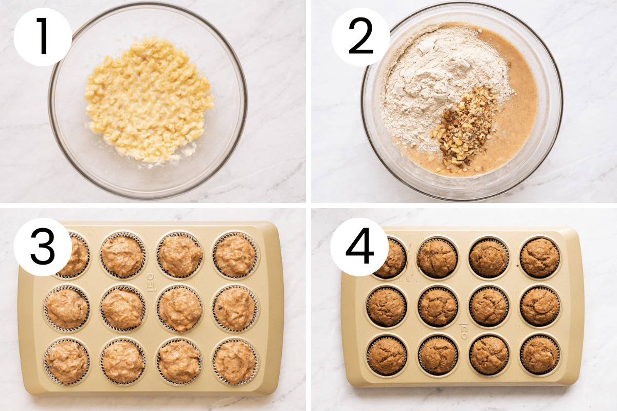 Step by step process how to make vegan banana muffins.