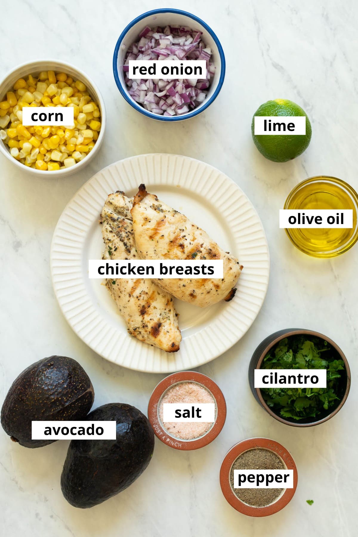 Chicken breasts, corn, cilantro, red onion, lime, oil, avocado, salt and pepper.