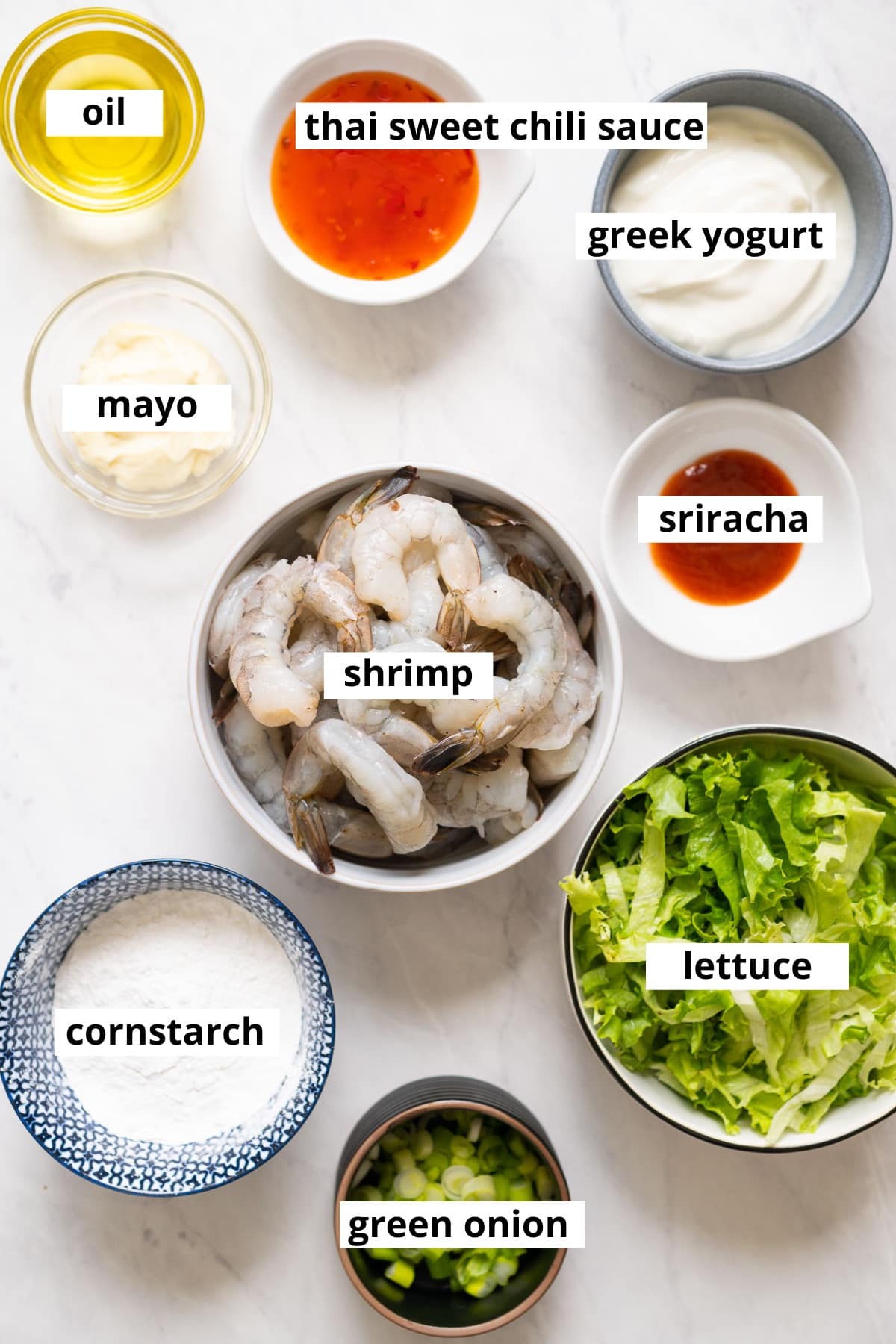 Shrimp, thai sweet chili sauce, Greek yogurt, mayo, oil, sriracha, cornstarch, green onion, lettuce.