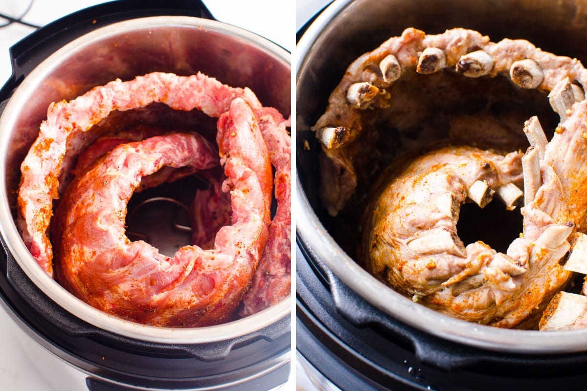 Racks of baby back ribs curled inside the pressure cooker before and after cooking.