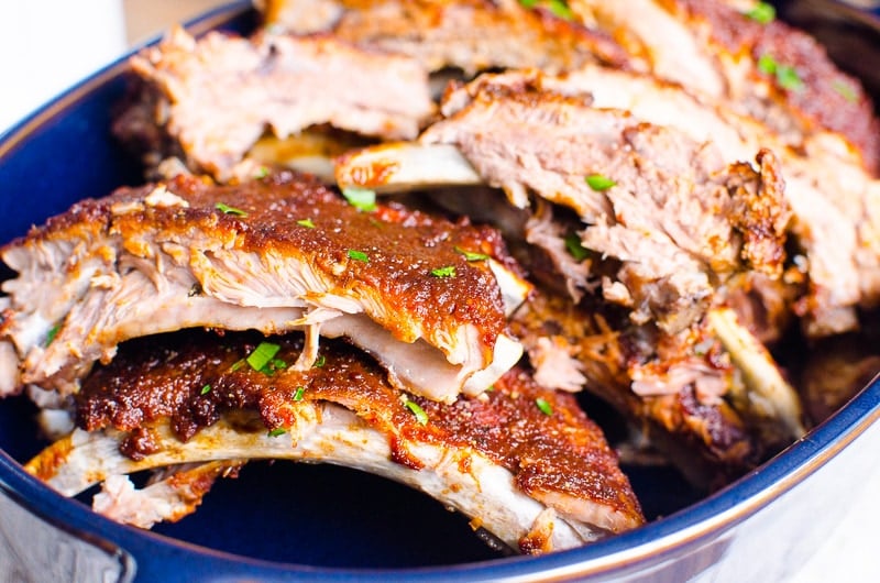 Pressure cooker ribs served in a baking dish.