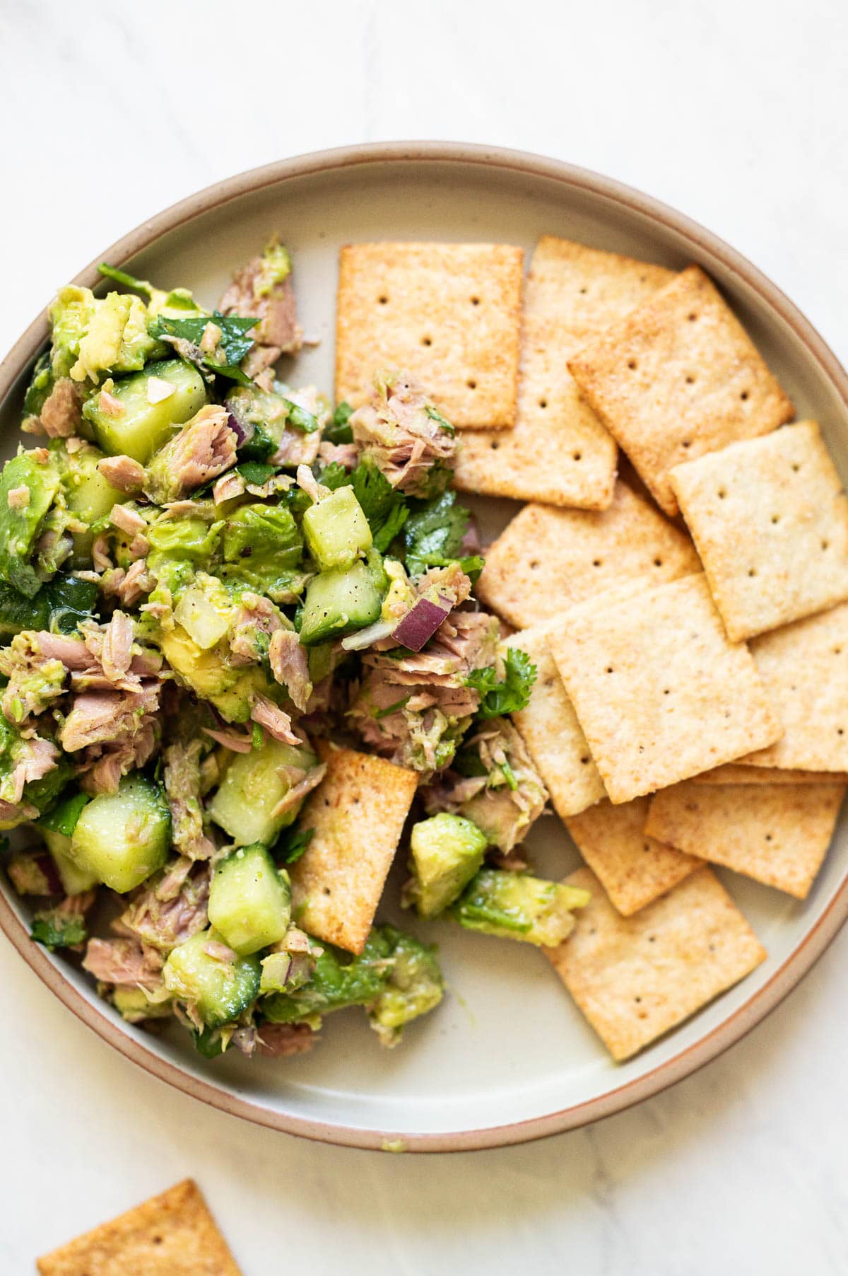 Tuna avocado salad served with almond flour crackers on a plate.