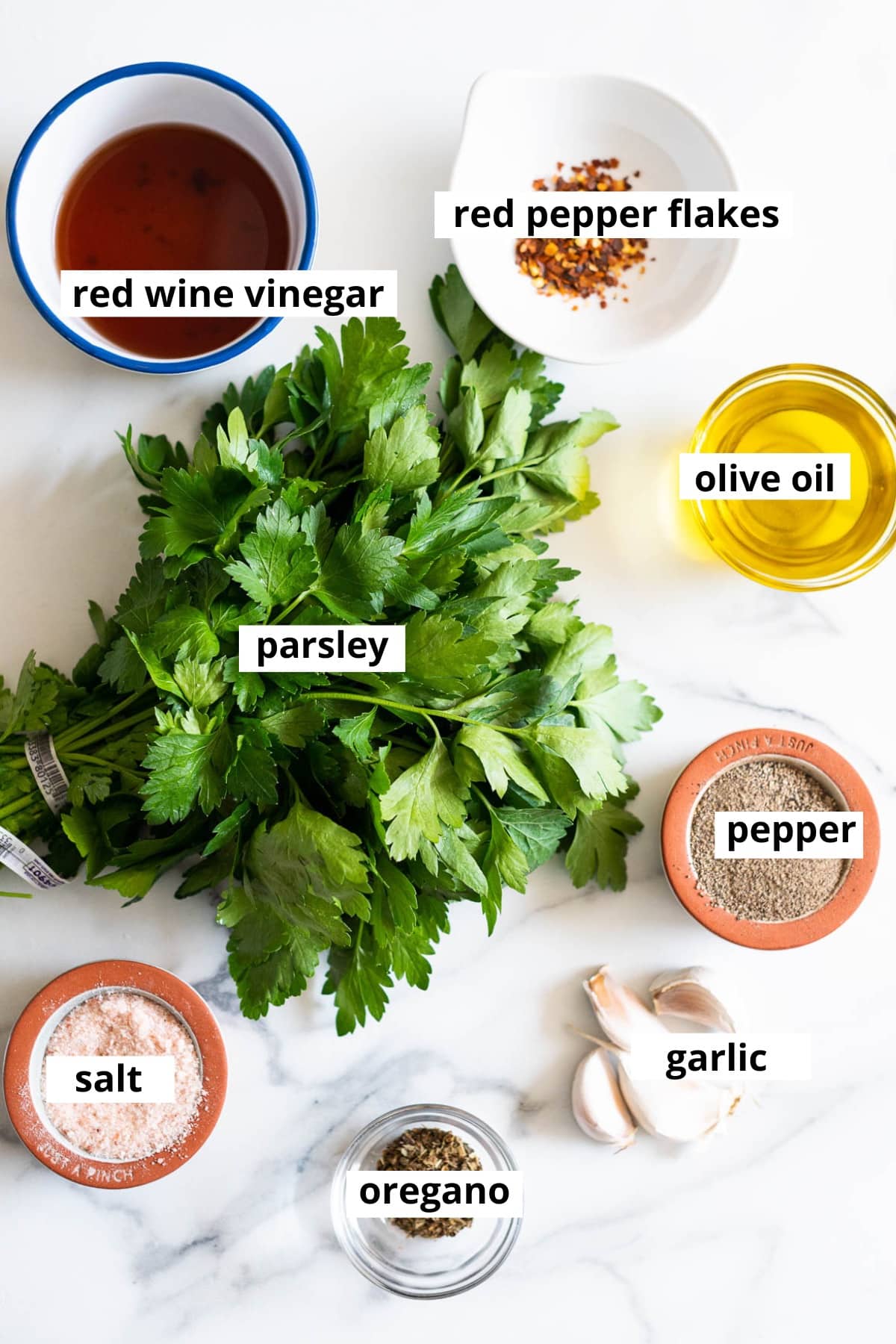 Red wine vinegar, red pepper flakes, olive oil, bunch of parsley, garlic, dried oregano, salt and pepper.